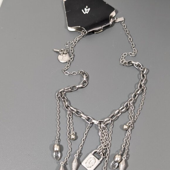 Lane Bryant Silver Tone Fringe Chain Charm Lock Statement Necklace 22" - Picture 3 of 9